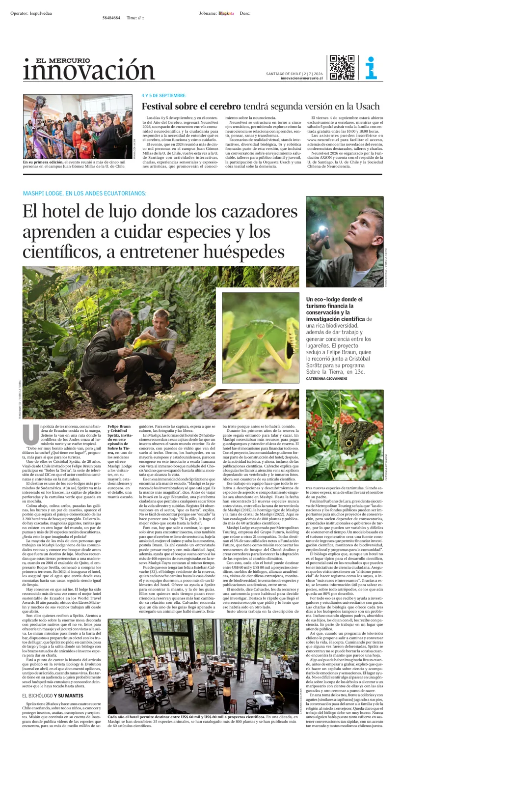 Reportaje de El Mercurio Innovaci&oacute;n sobre Crist&oacute;bal Spr&auml;tz en Mashpi Lodge